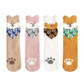 4 Pairs Coral Fleece Socks Women's Winter Cute Dog Mid-calf socks Home Sleep Floor Socks