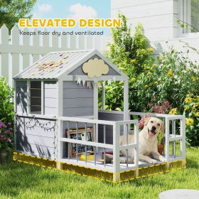 Outdoor Dog House, 61"L Wooden Dog House with Porch, Weatherproof Roof, Elevated Base, Air Vents & Observation Windows