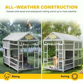 79"L Large Dog House Outdoor, Wooden Dog Kennel with Porch, Storage Cabinet,Weatherproof Roof, Windows