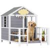 Outdoor Dog House, 61"L Wooden Dog House with Porch, Weatherproof Roof, Elevated Base, Air Vents & Observation Windows