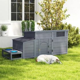 Wood Dog House, Outdoor Dog Kennel with Food Bowls, Storage Box, Vents, Gray